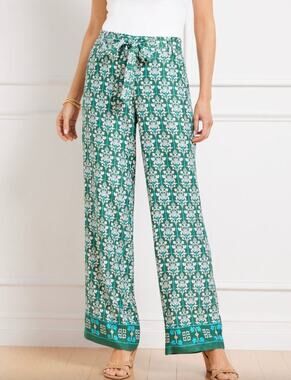 Talbots Womens XL Petite Green White Damask Bouquet Wide-Leg Belted Pants NWT